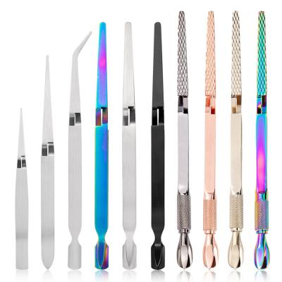 China High Quality Double Head X Shaped Stainless Steel Rhinestone Nail Pick Nipper Pusher Eyebrow Tweezers Cuticle Picker for sale