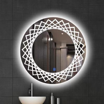 China 2-Face Laser Pattern Touch Screen Bathroom Mirror Led Makeup Wall Stick On Led Bathroom Decorative Mirror Gold for sale