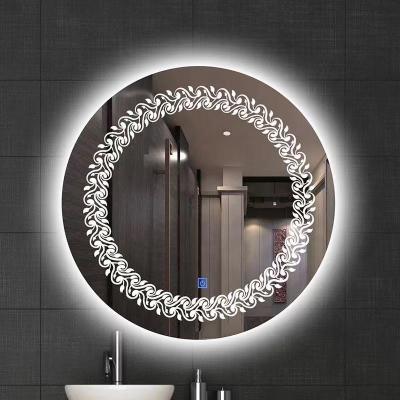 China 2-Face Pattern Super White Glass Laser Engraving Mirror Touch Sensor Switch LED Light Smart Frameless Bathroom Makeup Vanity Mirror for sale