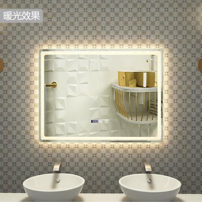 China Custom Luxury Wall Mounted Smart Mirror Led Vanity Lighted Bathroom Mirror Date Display Time Temperature Function Shape Hotel for sale