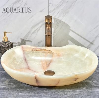 China Hot Sales Unique Modern Aquarius Shape Luxury Green Onyx Jade Stone Washing Basin and Sink for sale