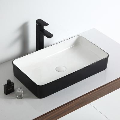 China Factory Modern Rectangle White And Black Countertop Bathroom Vanity Color Ceramic Vessel Sink Basin for sale