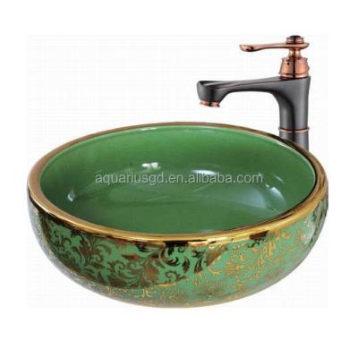 China Chinese Style Green Color Countertop Hand Painted Bathroom Ceramic Sinks for sale