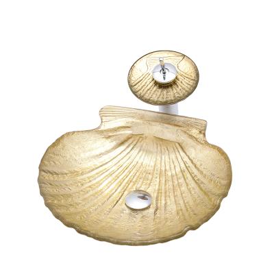 China Shell Counter Top Modern Gold Color Sink Face Glass Wash Basin For Hotel for sale