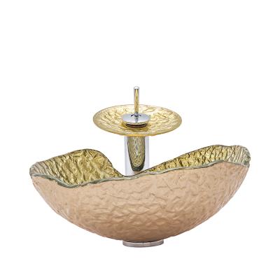 China Modern Irregular Shape Hand Wash Sink Bathroom Vanity Gold Glass Countertop for sale