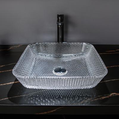 China Modern Clear Square Sanitary Ware Countertops Shape Sink Bowl Hand Glass Wash Basin for sale