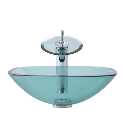 China Modern square shape green color tempered glass bathroom sink for sale