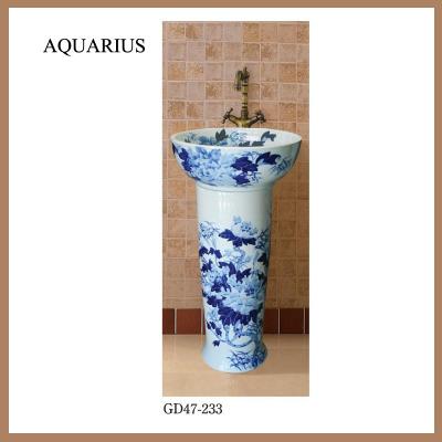 China Jingdezhen Bathroom Sink Chinese Style White And Blue Ceramic Pedestal for sale