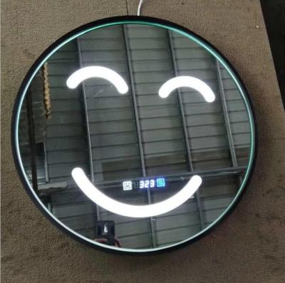 China Smiley Face Modern Touch Screen Illuminated LED Lighted Smart Vanity Round Shape Bathroom Mirror for sale