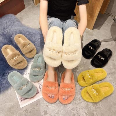 China Pearl flip flop women's fashion cotton slippers outer Korean women's new style autumn and winter wear fashion trend wool slippers for sale