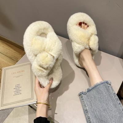 China Fashion trend thick bottom cross hairy women slippers 2021 new fashion hairy slippers women all-match external use wholesale for sale