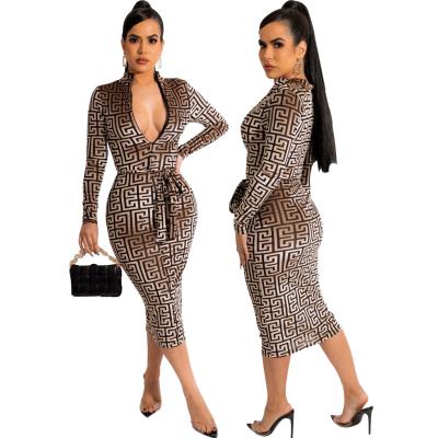 China European and American sexy fashion V-neck digital printing long-sleeved women's new breathable one-piece dress SMR10896 for sale