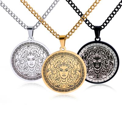 China Europe and America Wholesale Jewelry Stainless Steel Medusa Pendant Necklace Punk Hip Hop Coin Gold Plated Men Necklace for sale