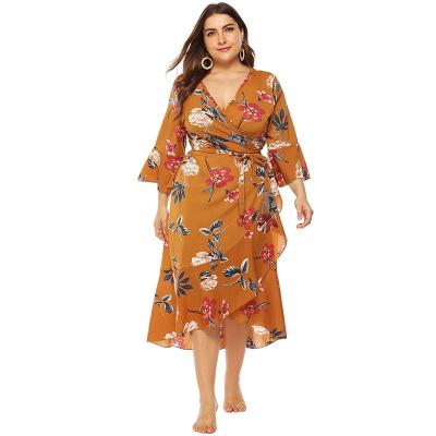 China Breathable JBeiL In Stock Wholesale V-Neck Floral Print Long Plus Size Casual Women Dress for sale