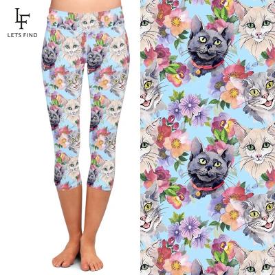 China High Waisted Sublimation Cat Patterned Capri Women Custom Printed Breathable Flowers And Yoga Leggings for sale