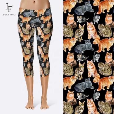 China Custom high waist breathable capri leggings cat printed yoga pants 230gsm double side brushed milk 92% polyester 8% silk spandex for sale