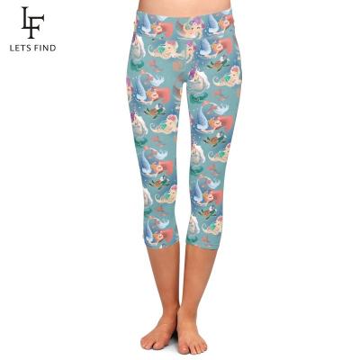 China High waist women capri leggings breathable custom mermaid printed double 230gsm brushed milk silk yoga pants sewn leggings for sale