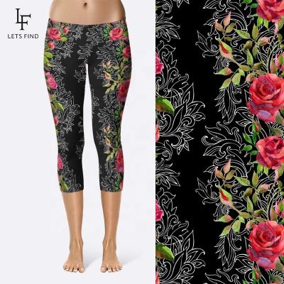 China Custom high waisted capri leggings 92% polyester 8% spandex breathable flower printed yoga pants 230gsm double side brushed milk silk for sale