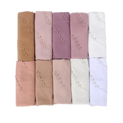 China Long New Design Pearl Diamond Plain Bubble Chiffon Hijab Scarf Muslim Headscarf Wrap for sale