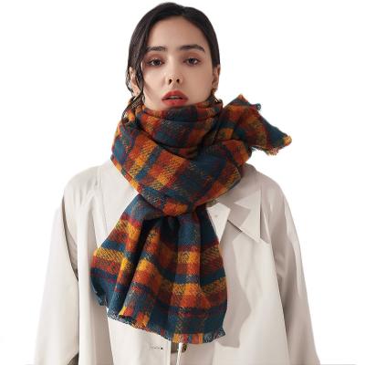 China Wholesale Women Autumn Winter Shawl Thick Warm Soft Fringed Multifunctional Cashmere Fashion Plaid Scarf for sale