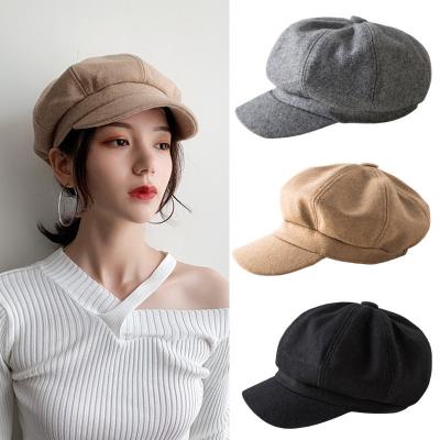 China Japan and Korean Style Hats and Covers Painter Octagonal Stylish Black Wool Berets Cotton Blends Women's Artist Hoods Gray Fall Winter Berets Ha Newsboy for sale