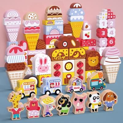 China No 2023New arrival Children Montessori wooden ice cream world blocks cartoon animal car stack blocks toys wholesale for sale