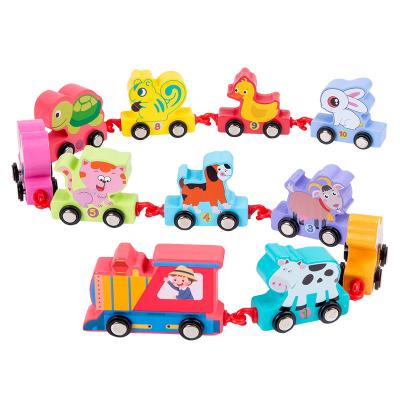 China Other Wooden digital cartoon train learn to cognitive drag and assemble block car thomas wooden train toy for children kids for sale