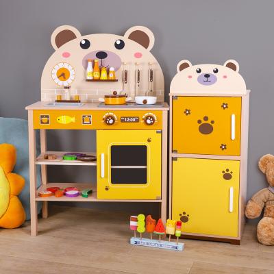 China Play House kitchen toys 2023New Montessori wooden cartoon bear kitchen refrigerator simulation stove children's educational toys for sale