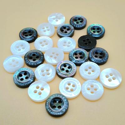 China 18L viable 11.5mm 4 hole pearl shell button with customized logo, shirt shell button, natural BROOM shell button for sale