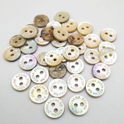 China 9mm 14L 2 holes viable agoya shell button with engraved logo, customized logo natural shell button for sale