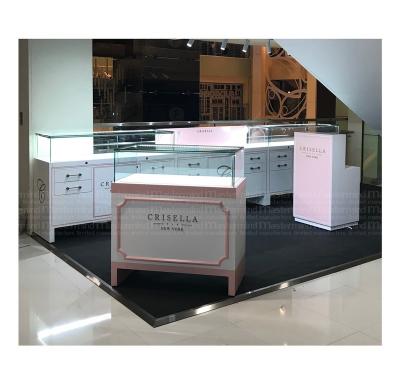 China MDF Wood Customized Movable Glass Display Cabinet Showcase With LED Spot Lighting For Watch And Jewelry Retail Store Furniture for sale