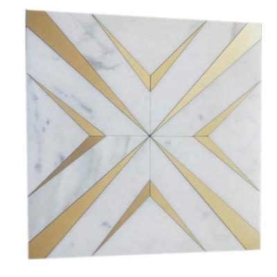 China Mussive Gold White Marble Metal Jet Parquet Calacatta Brass Water Inlay Slab for sale