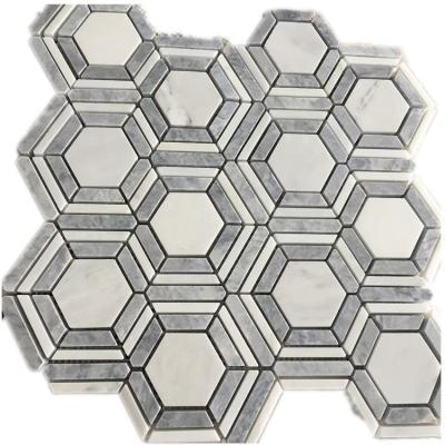 China Chinese White Marble Dth Stone Carrara White Marble Mix Mosaic Bathroom Hexagon Floor Slabs for sale