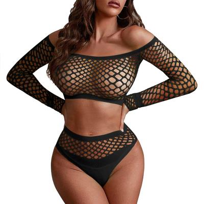 China Sexy Lingerie Underwear Women's Net Lingerie Long Sleeve 2 Piece Crop Top And High Waist Panties Set One Size See Through Chemises for sale