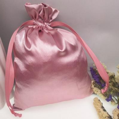 China Custom Drawsting Satin Drawstring Bag Pink Logo Hair Dust Bag for sale