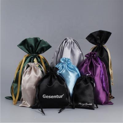 China Custom Black Drawsting Drawstring Hair Satin Bags With Logo for sale