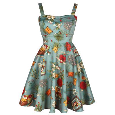 China Summer 50s Vintage Breathable Designer Puffy Suspender Skirt High Quality Print Beach Dress Retro Style Slim Dress for sale