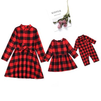 China Breathable Autumn Winter Mother Daughter Clothes Mommy And Me Red Matching Family Outfits Long Sleeve Plaid Shirt Dresses for sale