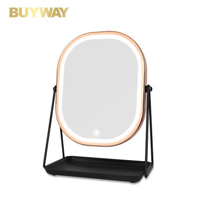 China Metal Storage Table Hot Selling Copper LED Chrome Switch Touch Sensor Square Lighted Base Makeup Swing Mirror for sale