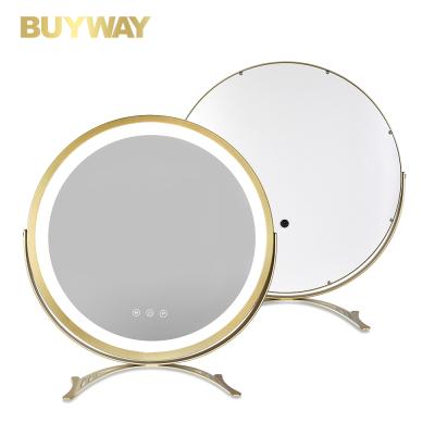 China Personalized Lighted Sensor Stepless Touch Dimming Circular 360 Degree Rotation Golden Hollywood Mirror for sale