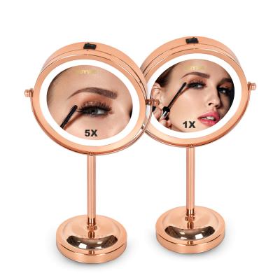 China Rose Gold LED Makeup Mirror 2 Face 5X Magnifying Home Bathroom Make Up 360 Rotating Cosmetic Vanity Mirror for sale