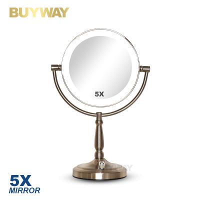 China Lighted Magnifying Face x5 Round Led Double Side Makeup Mirror With Makeup Stand for sale