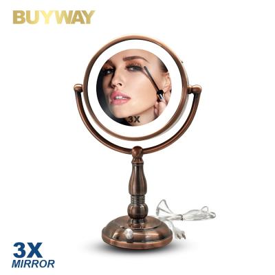 China Magnifying Brass Bronze Antique Magnifying Customized Double Side Desk Face Round Vanity Led Mirror for sale