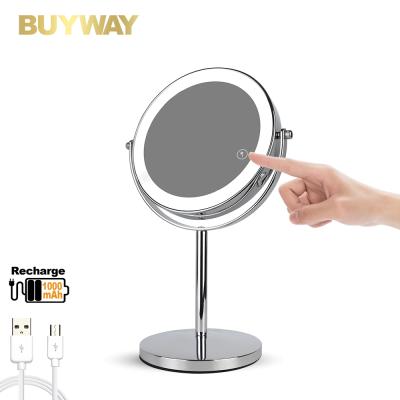 China Desktop Round Lighted Polished Metal Frame Cosmetic LED Mirror Metal Standing Mirrors for sale