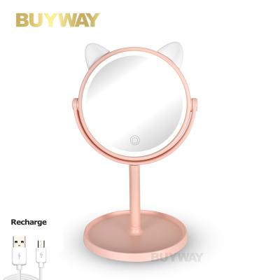 China Wholesale USB Rechargeable Cute Lighted Cartoon Table Vanity Make Up Plastic Single Sided Mirror for sale