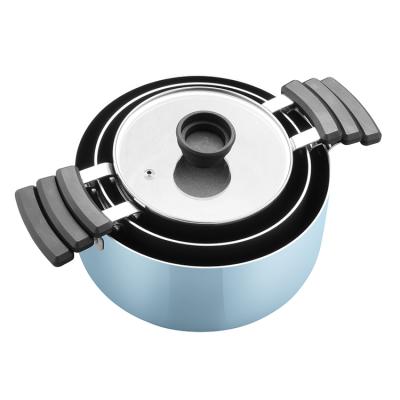 China Sustainable Blue Industrial Non-Stick Collapsible Coating Knob Aluminum Cookware for sale