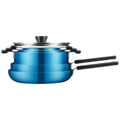 China Sustainable Colorful Blue Frying Wok Pan Kitchen Large Aluminum Nonstick Cookware Sets Cooking Pot for sale