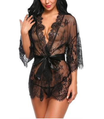 China Hollow Out S-3XL Women's Lace Lingerie Set Kimono Robe Babydoll Lingerie Mesh Nightgown lingerie-sexy for sale