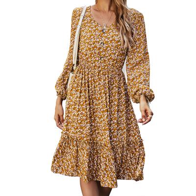 China Dry Cleaning Women Ladies Knee Length Dress Digital Printing V Neck Party Long Sleeve Loungewear Bohemian Floral Dresses for sale