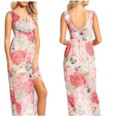 China Woman 2021 Sleeveless Floral Casual Dresses Designer Slit Floral Print Design Breathable V-Neckline High Dress for sale